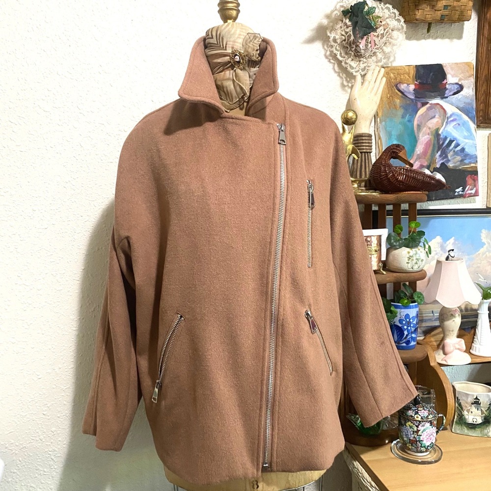 Anthropologie Maeve Zip Up Wool Blend Moto Jacket Camel Coat winter academia L